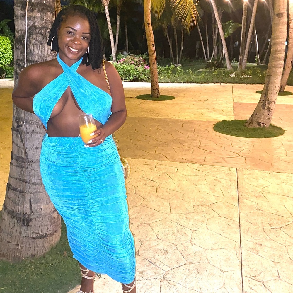 Blue/Aqua Front Wrap Ruched Dress, XL/12/14